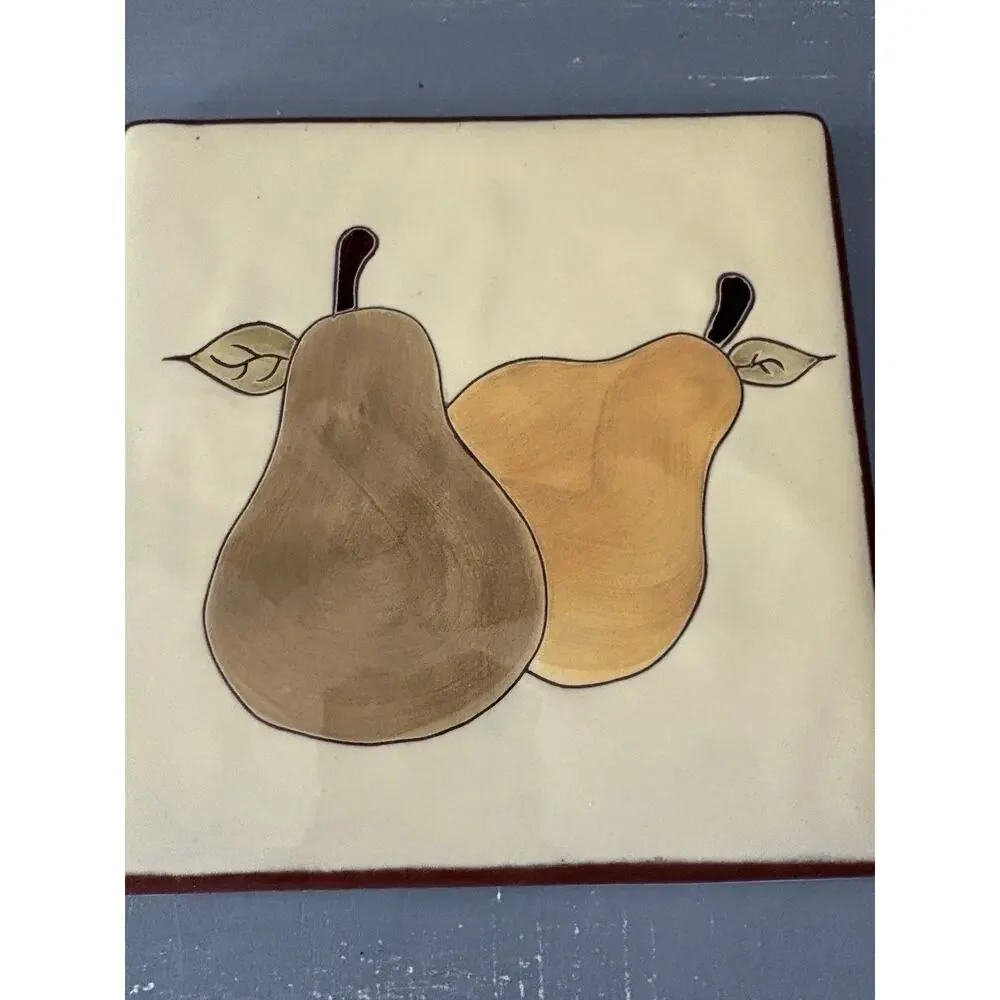 RUSS Hand Painted Glazed Terracotta Pear Kitchen Trivet # 26741 Vintage